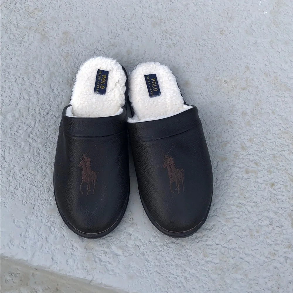 Polo by Ralph Lauren Dark Brown Leather  Big Pony Slip-On Slippers used 11/12
